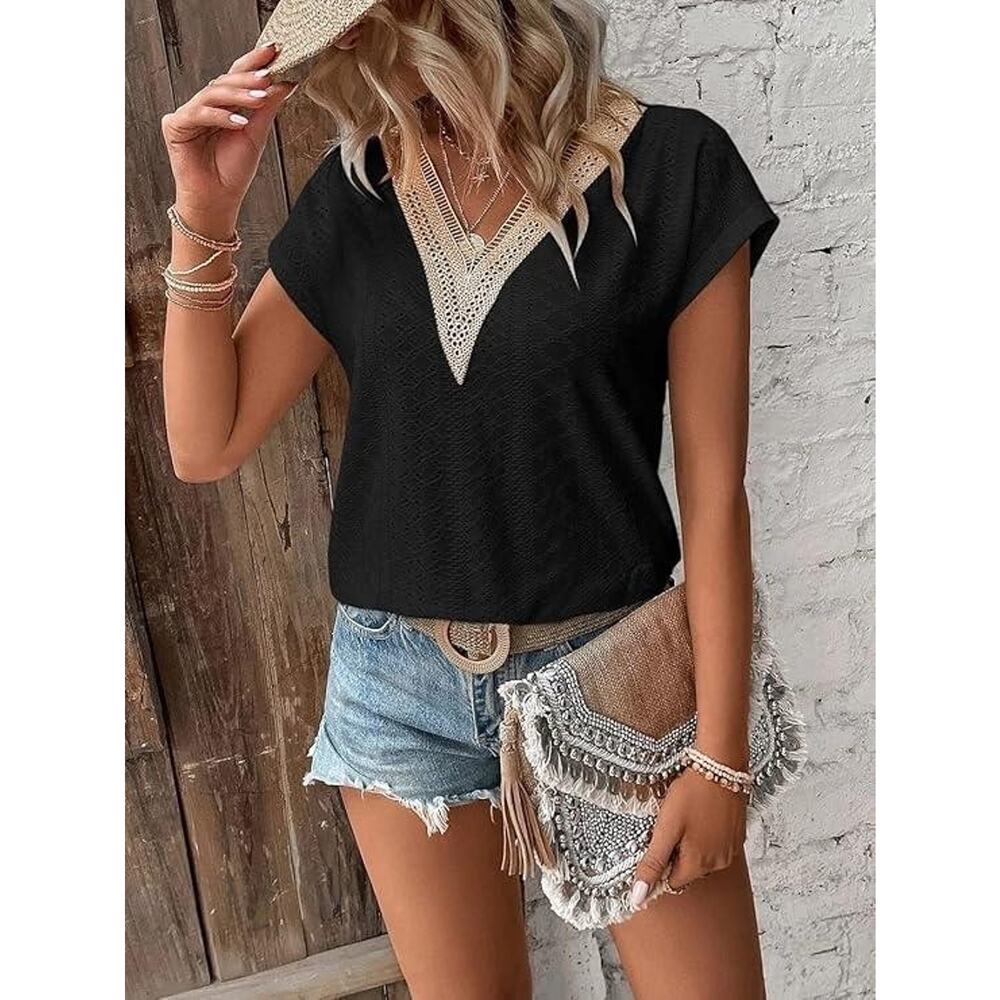 LilyCoco Top Womens Small Black Boho Chic Crochet Lace V-Neck Short Sleeve Shirt
